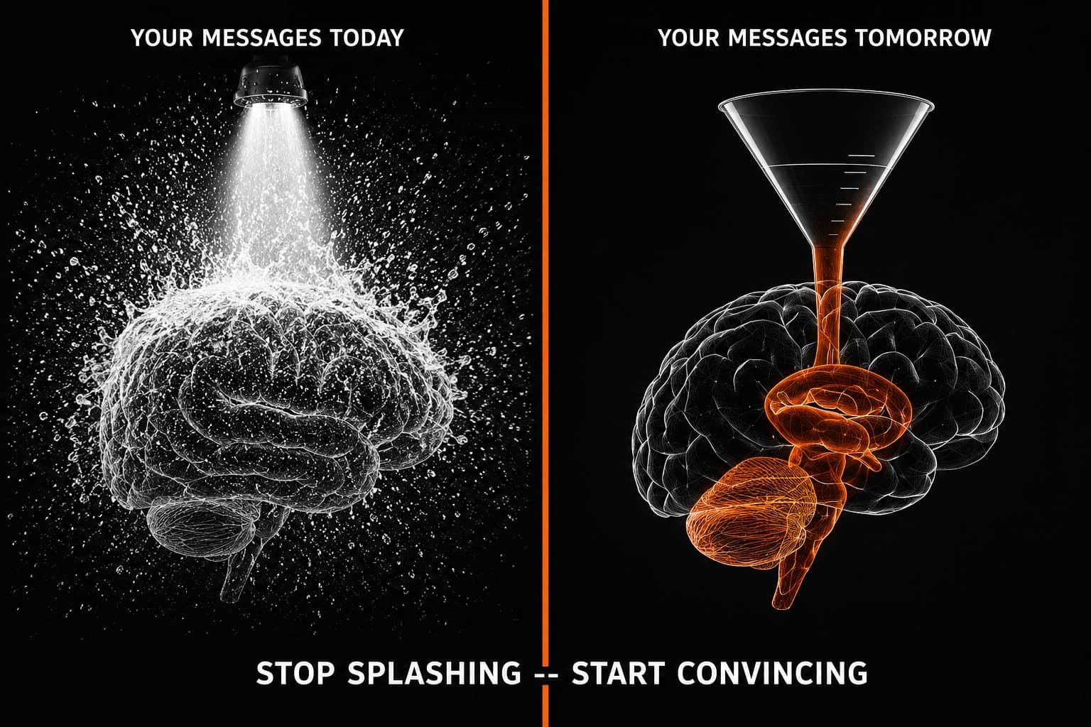 Two panels. On the left, labeled 'Your messages today', water sprays off a brain and scatters everywhere. On the right, labeled 'Your messages tomorrow', a funnel channels it straight into the brain's primal structures, lit in orange. Beneath both: stop splashing, start convincing.