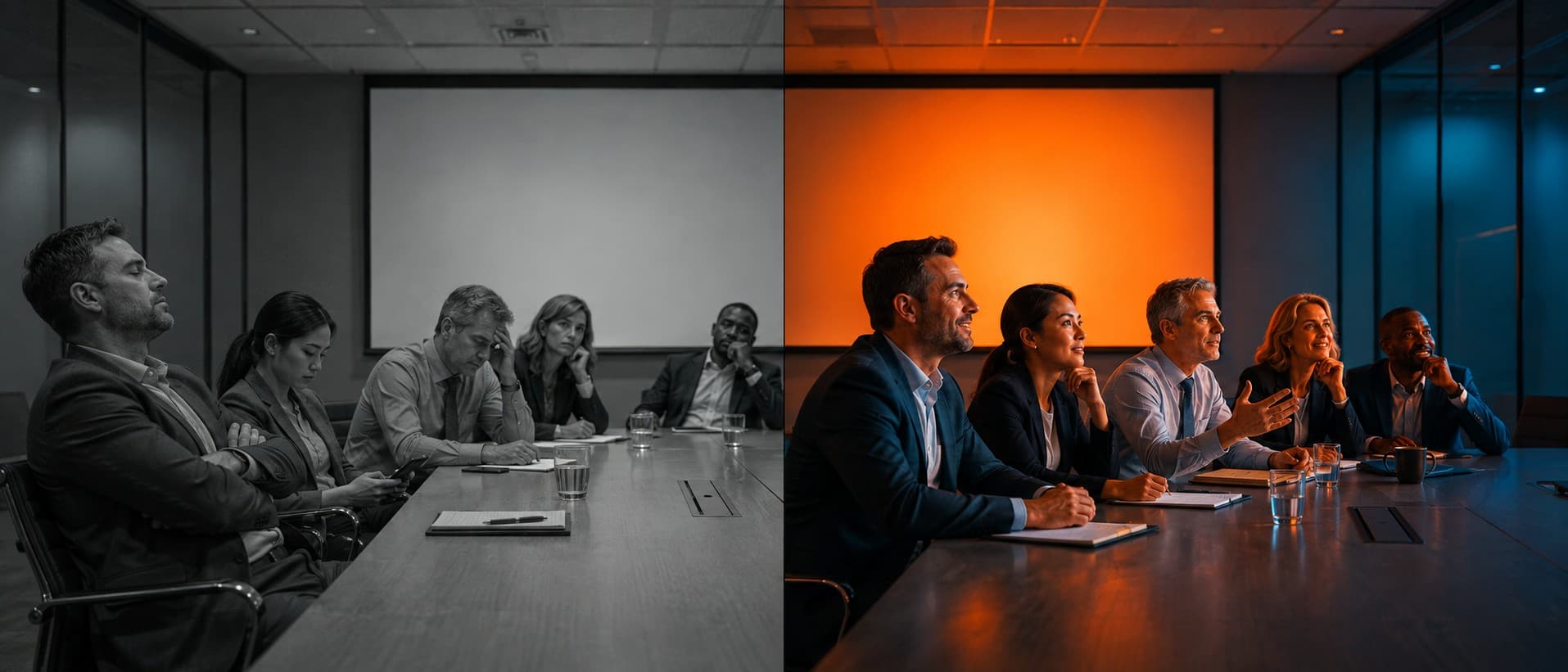 The same boardroom, twice. On the left, in gray, an audience slumped, checking phones, eyes closed. On the right, lit in orange, the same people leaning forward and attentive.